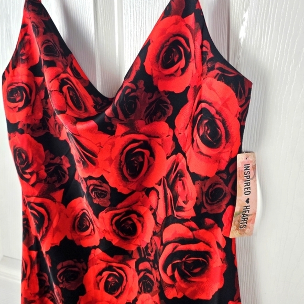 Inspired Hearts Med Dark Rose Floral Slit Slip‎ Dress Valentines Sexy Dinner NWT